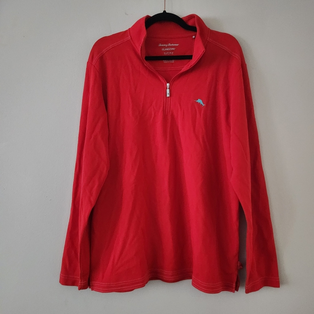 Tommy Bahama IslandZone Red Mens Quater Zip Sweater Size Large Supima Cotton